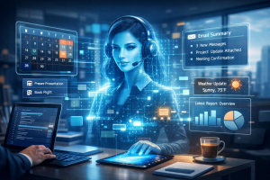 AI personal assistant scheduling tasks and summarizing emails on digital displays