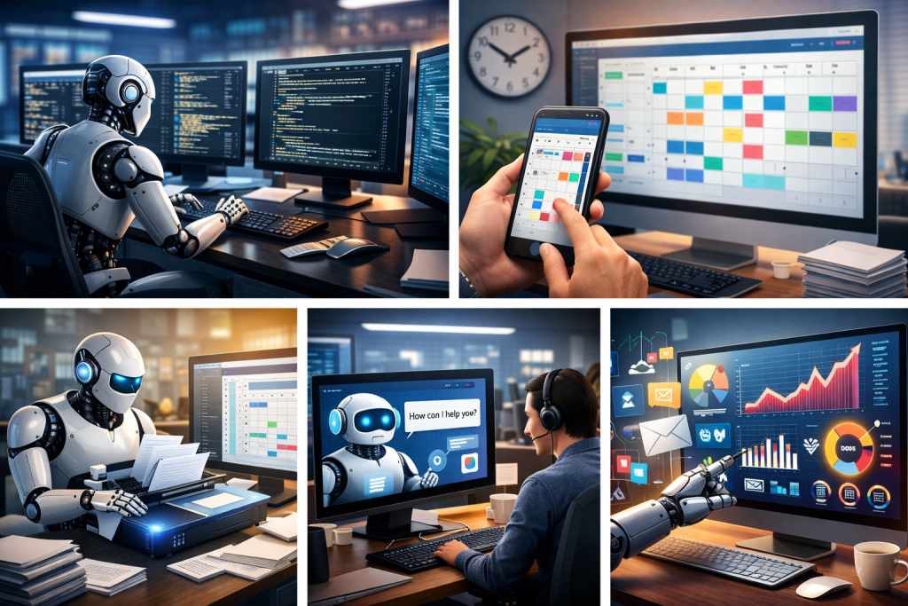 Robots performing coding, scheduling, data processing, customer support and analytics tasks