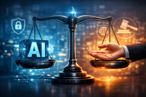 Scales balancing artificial intelligence and humanity representing AI ethics and fairness