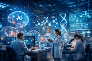 Scientists and robots working together in a high-tech laboratory representing AI across industries