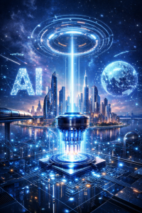 Futuristic city illuminated by AI networks and quantum computing energy beam