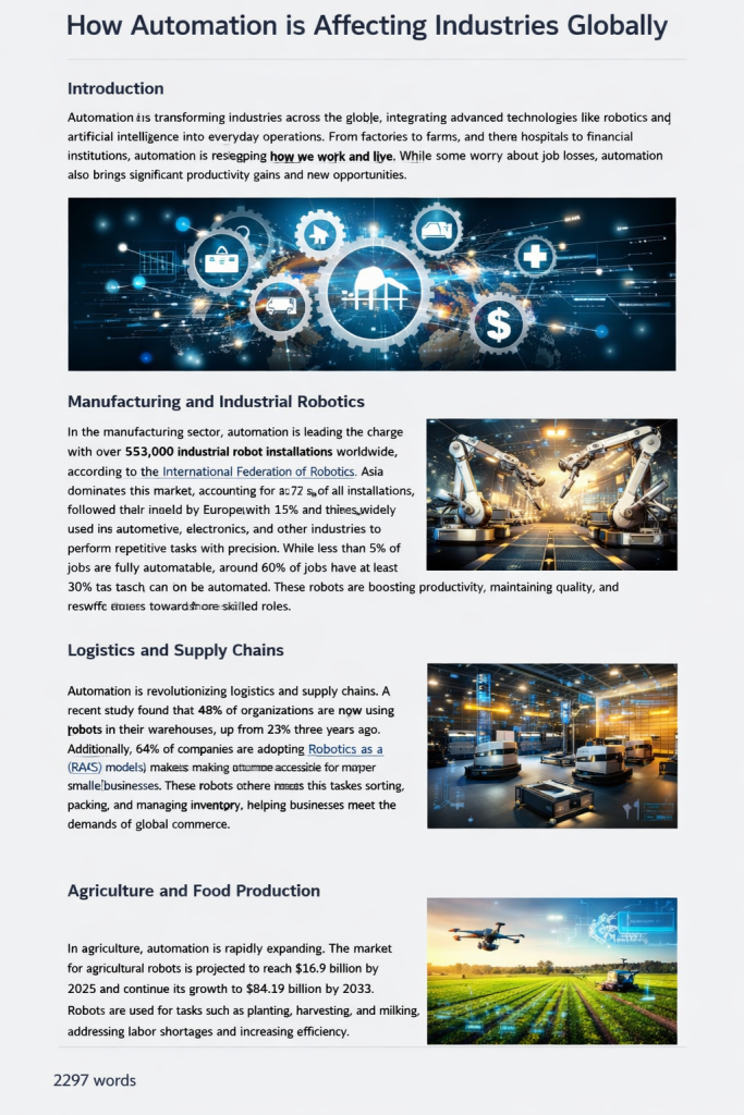 Global automation network connecting robots, drones and smart devices across industries on a world map.