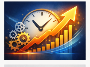 Abstract illustration of productivity improvement with clock and upward arrow